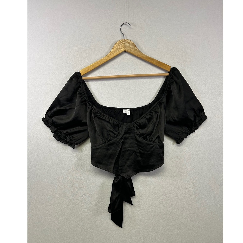 Coquette Mittoshop Womens Medium Black Satin Puff Sleeve Tie Front Crop Top
